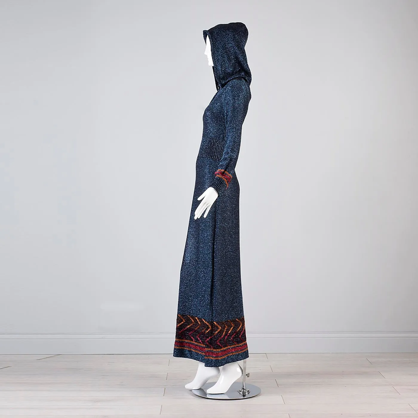 1970s Iconic Hooded Maxi Dress in Metallic Blue Knit