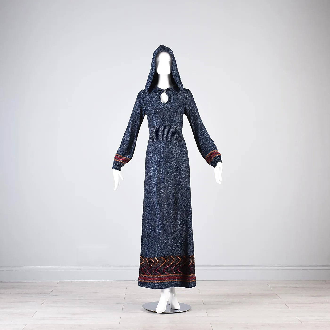 1970s Iconic Hooded Maxi Dress in Metallic Blue Knit