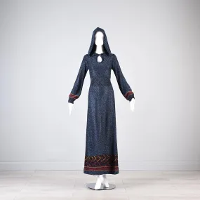 1970s Iconic Hooded Maxi Dress in Metallic Blue Knit