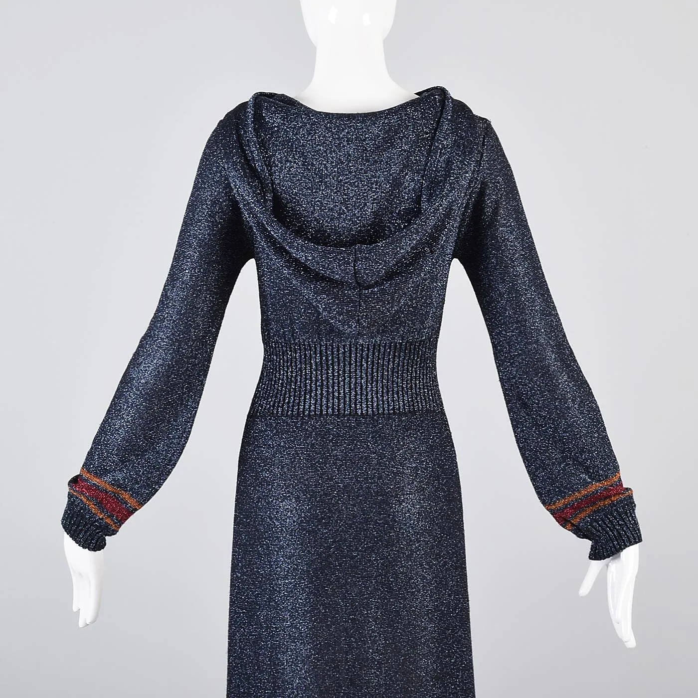 1970s Iconic Hooded Maxi Dress in Metallic Blue Knit