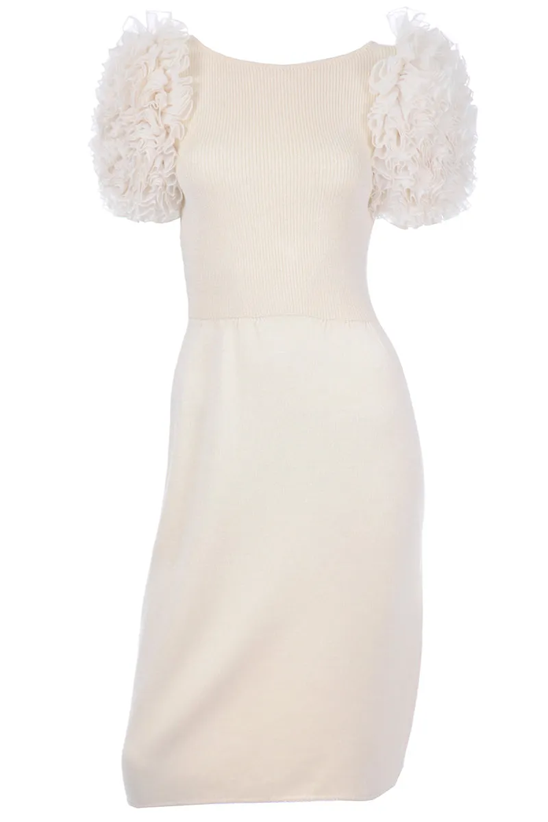 1980s St. John Cream Knit Dress w Ruffled Statement Sleeves