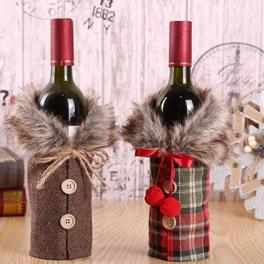 2 Pcs Christmas Sweater Wine Bottle Cover, Fineest Collar & Button Coat Design