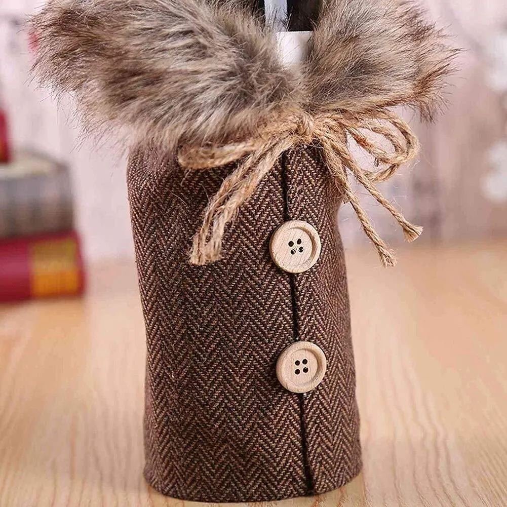 2 Pcs Christmas Sweater Wine Bottle Cover, Fineest Collar & Button Coat Design