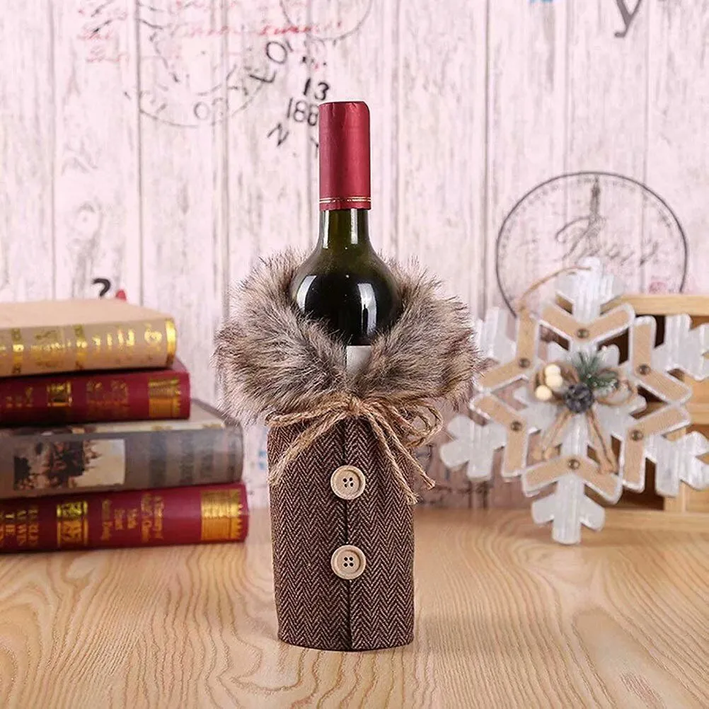 2 Pcs Christmas Sweater Wine Bottle Cover, Fineest Collar & Button Coat Design