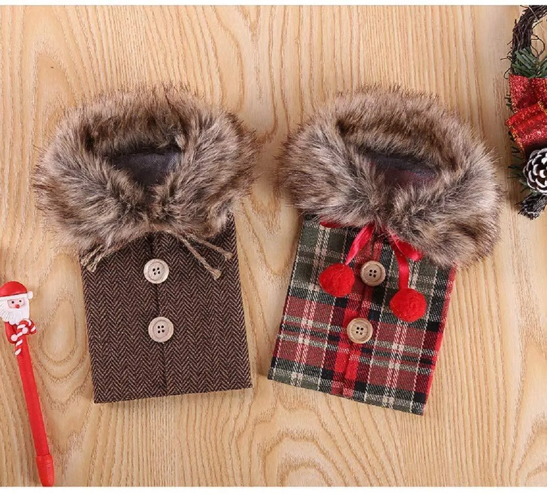 2 Pcs Christmas Sweater Wine Bottle Cover, Fineest Collar & Button Coat Design