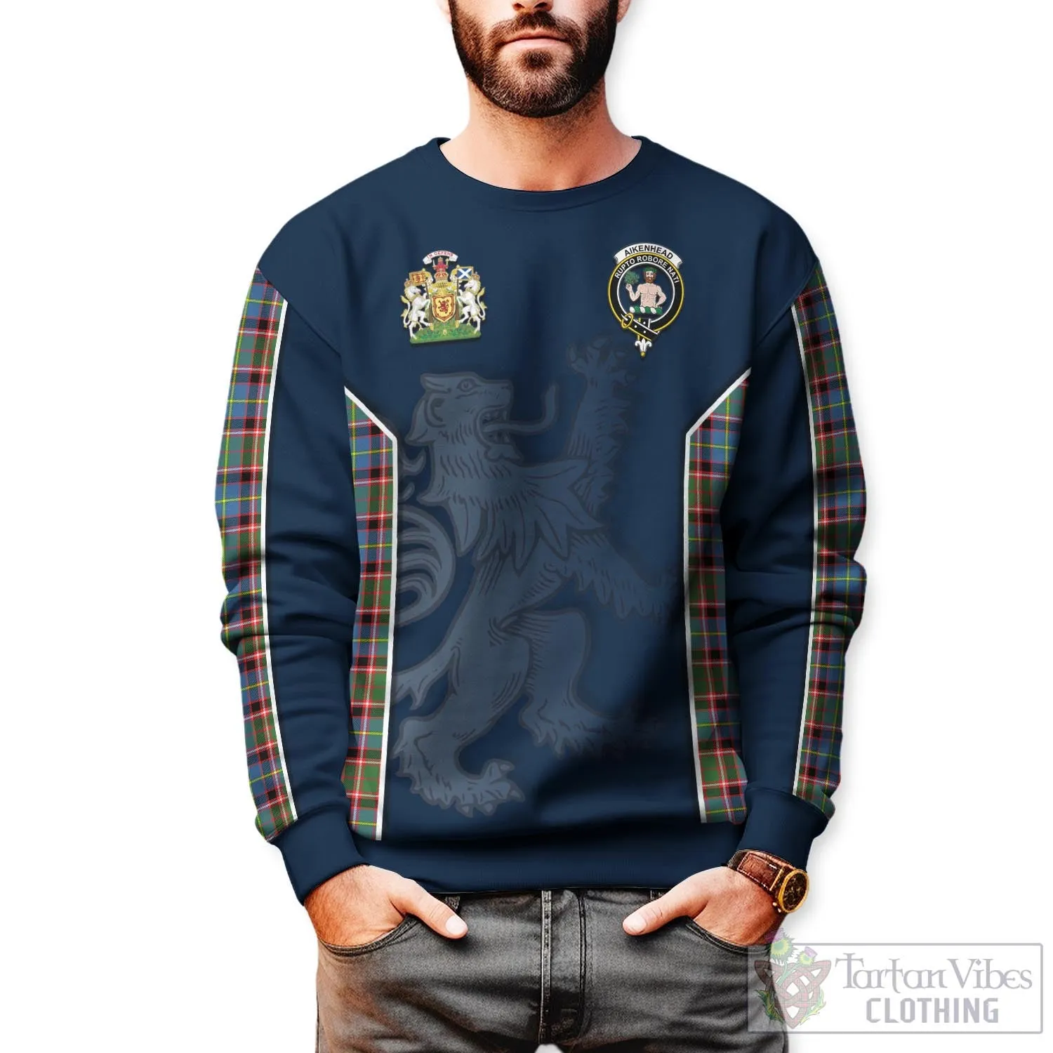 Aikenhead Tartan Sweater with Family Crest and Lion Rampant Vibes Sport Style