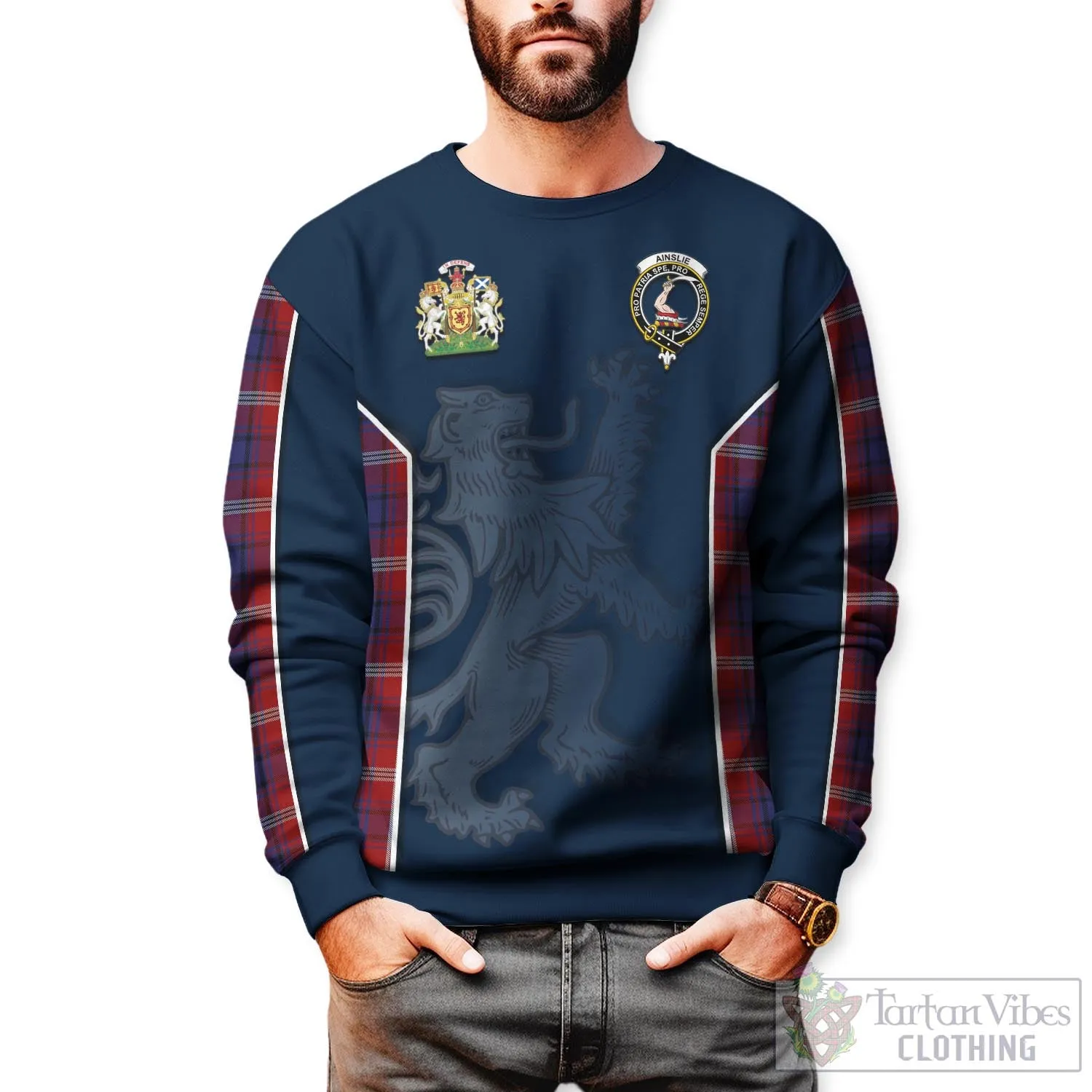 Ainslie Tartan Sweater with Family Crest and Lion Rampant Vibes Sport Style