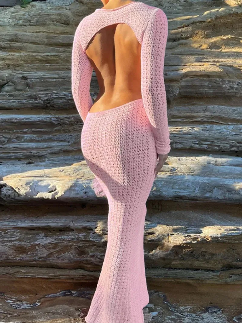 Amozae-Elegant Woman Pink Hollow Out Backless Sweater Dress High Street Ladies Sexy High Waist Bodycon Knitted Long Dresses Streetwear