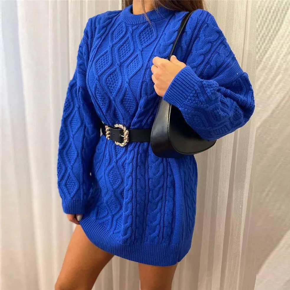 Amozae fall fashion outfits Autumn and Winter New round Neck Sheath Twist Casual Loose Temperament Simple Thickened Sweater Dress