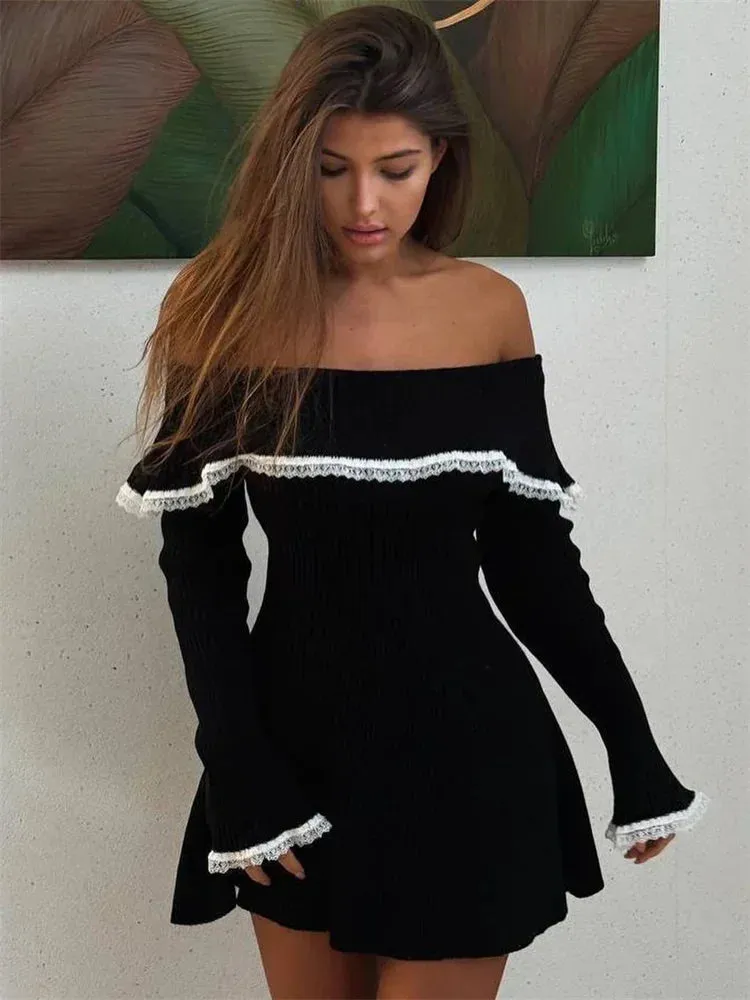 Amozae Knit Off-Shoulder Sweater Mini Dress Women's Lace Patchwork Ribbed Slim Backless Elegant Party Dress Knitwear Mini Dress