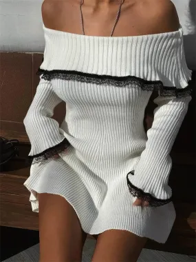 Amozae Knit Off-Shoulder Sweater Mini Dress Women's Lace Patchwork Ribbed Slim Backless Elegant Party Dress Knitwear Mini Dress