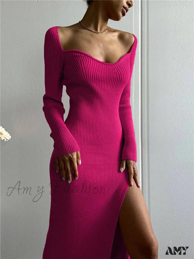 Amy Fashion - Elegant Solid Bodycon Long Sleeve Sweater Dress