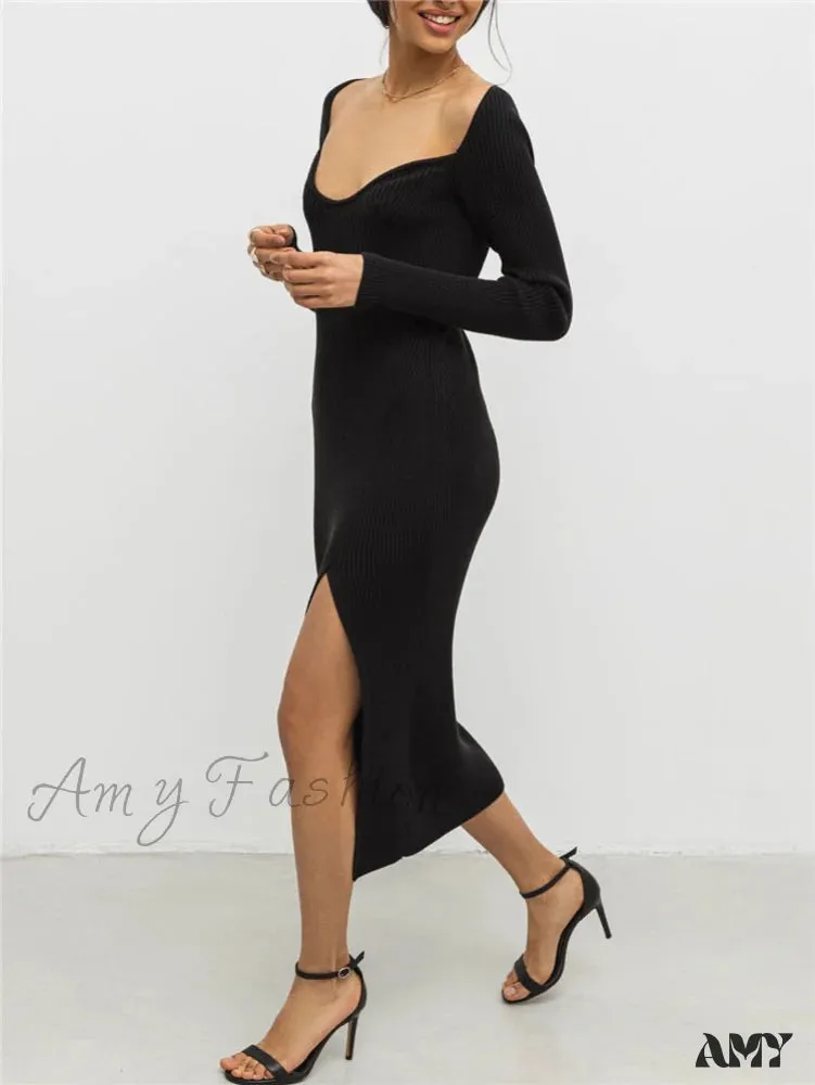 Amy Fashion - Elegant Solid Bodycon Long Sleeve Sweater Dress