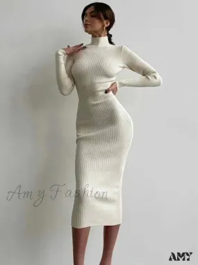 Amy Fashion - Elegant Solid Bodycon Long Sleeve Sweater Dress