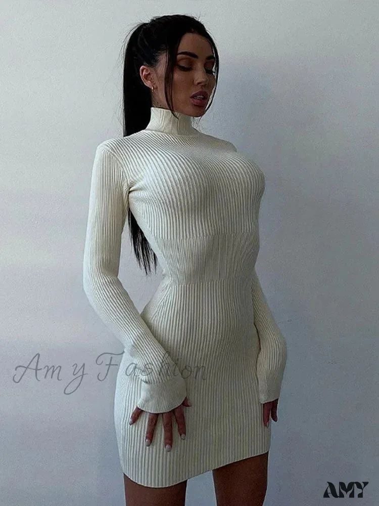 Amy Fashion - Elegant Solid Bodycon Long Sleeve Sweater Dress