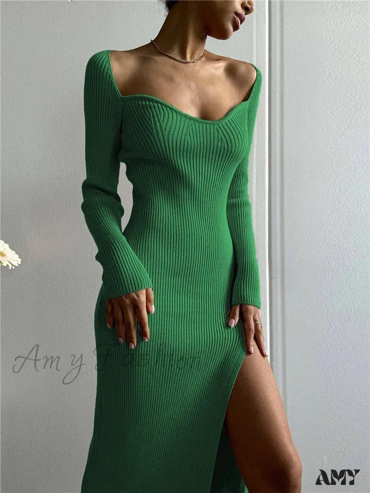 Amy Fashion - Elegant Solid Bodycon Long Sleeve Sweater Dress