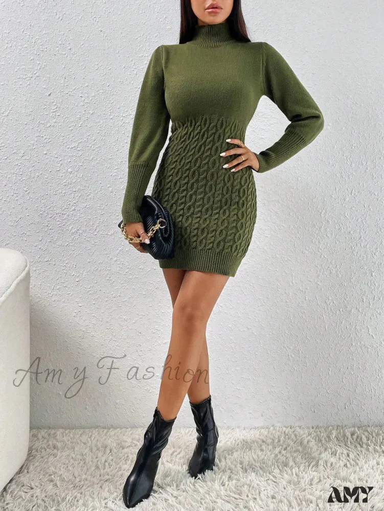 Amy Fashion - Solid Turtleneck Sweater Dress