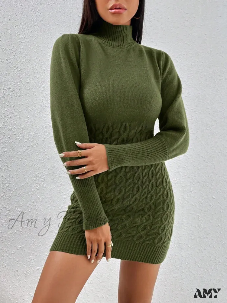 Amy Fashion - Solid Turtleneck Sweater Dress