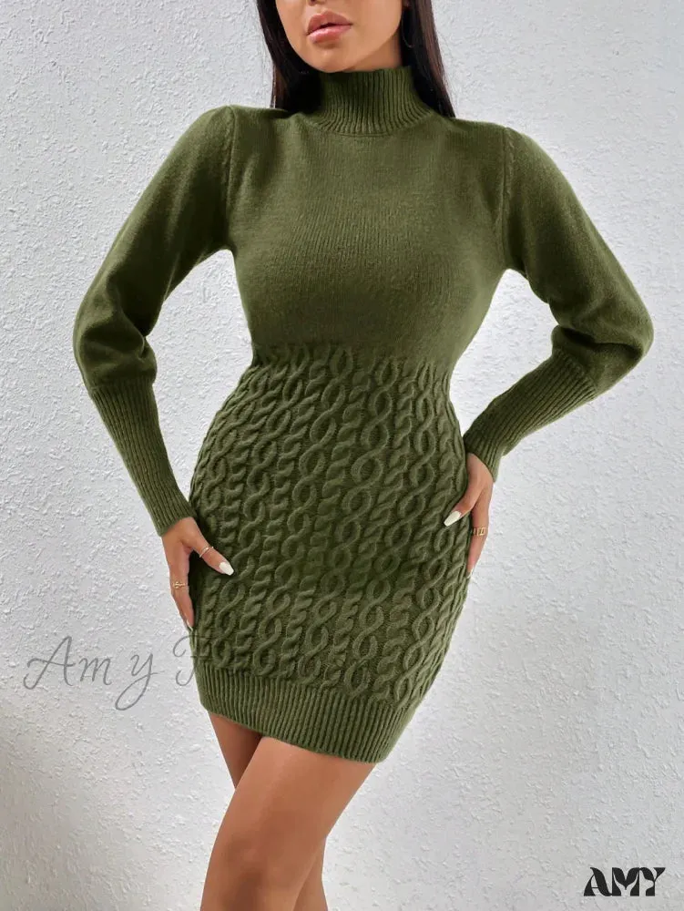 Amy Fashion - Solid Turtleneck Sweater Dress