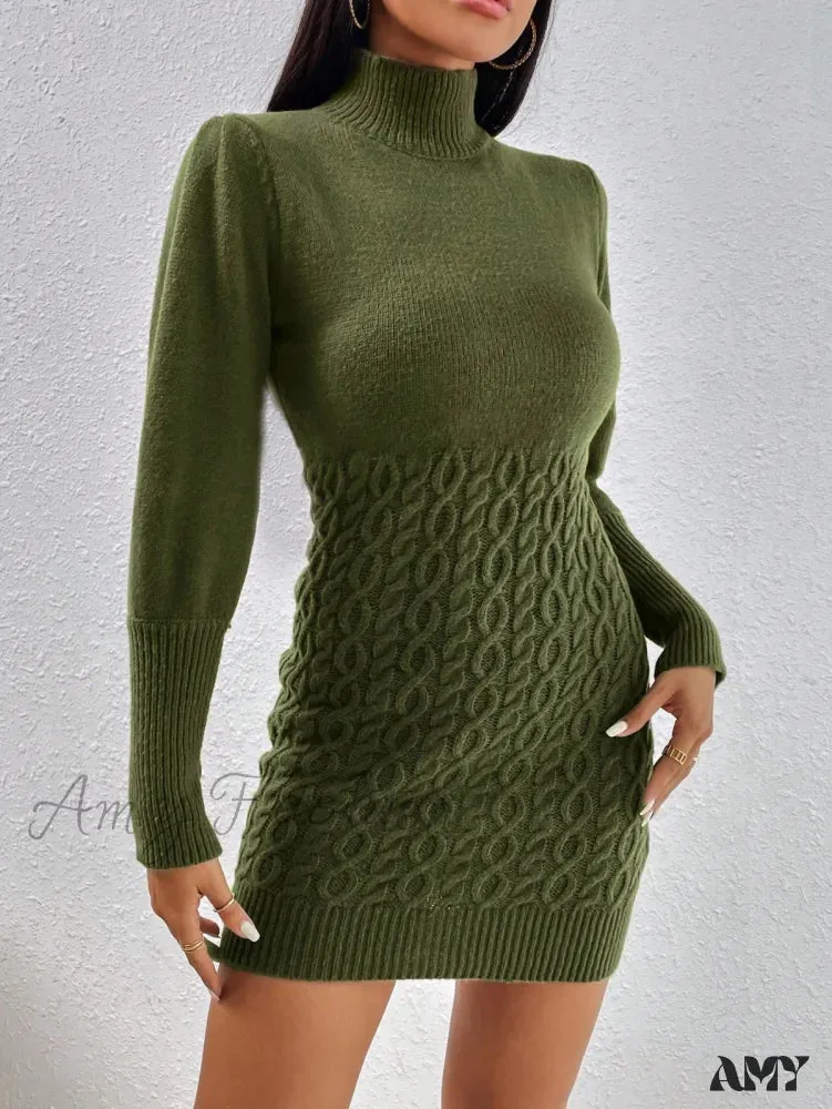 Amy Fashion - Solid Turtleneck Sweater Dress