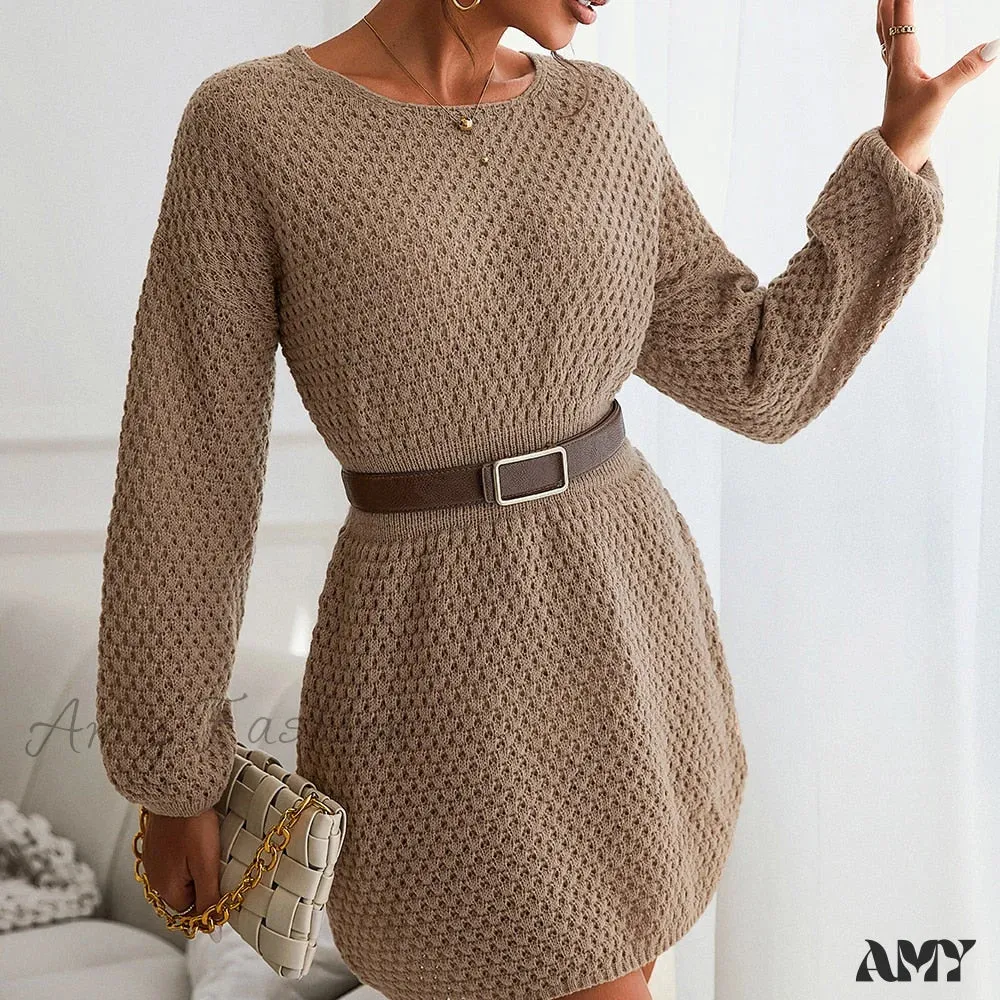 Amy Fashion - Woman Casual Long Sleeve Long Sweater Dress