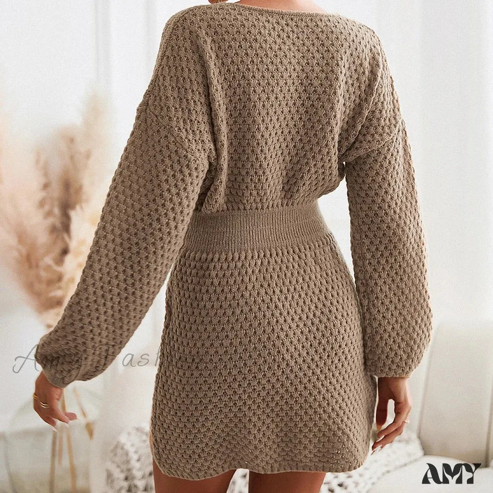 Amy Fashion - Woman Casual Long Sleeve Long Sweater Dress