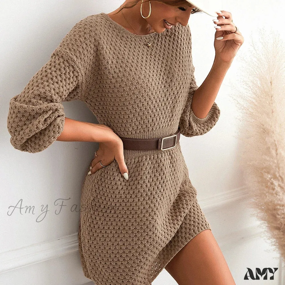 Amy Fashion - Woman Casual Long Sleeve Long Sweater Dress