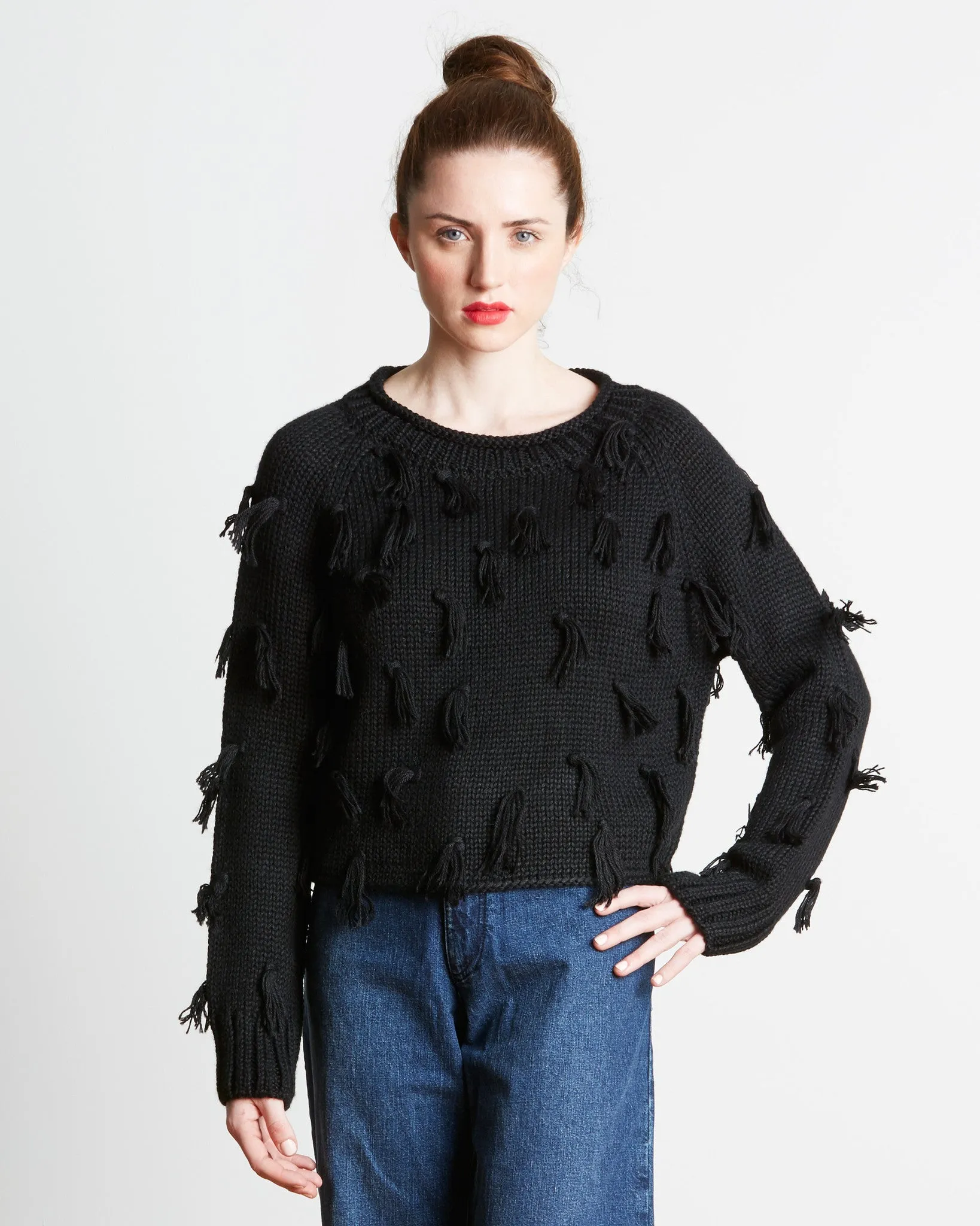 Apiece Apart | Luluc Fringe Crew Sweater in Black - FINAL SALE