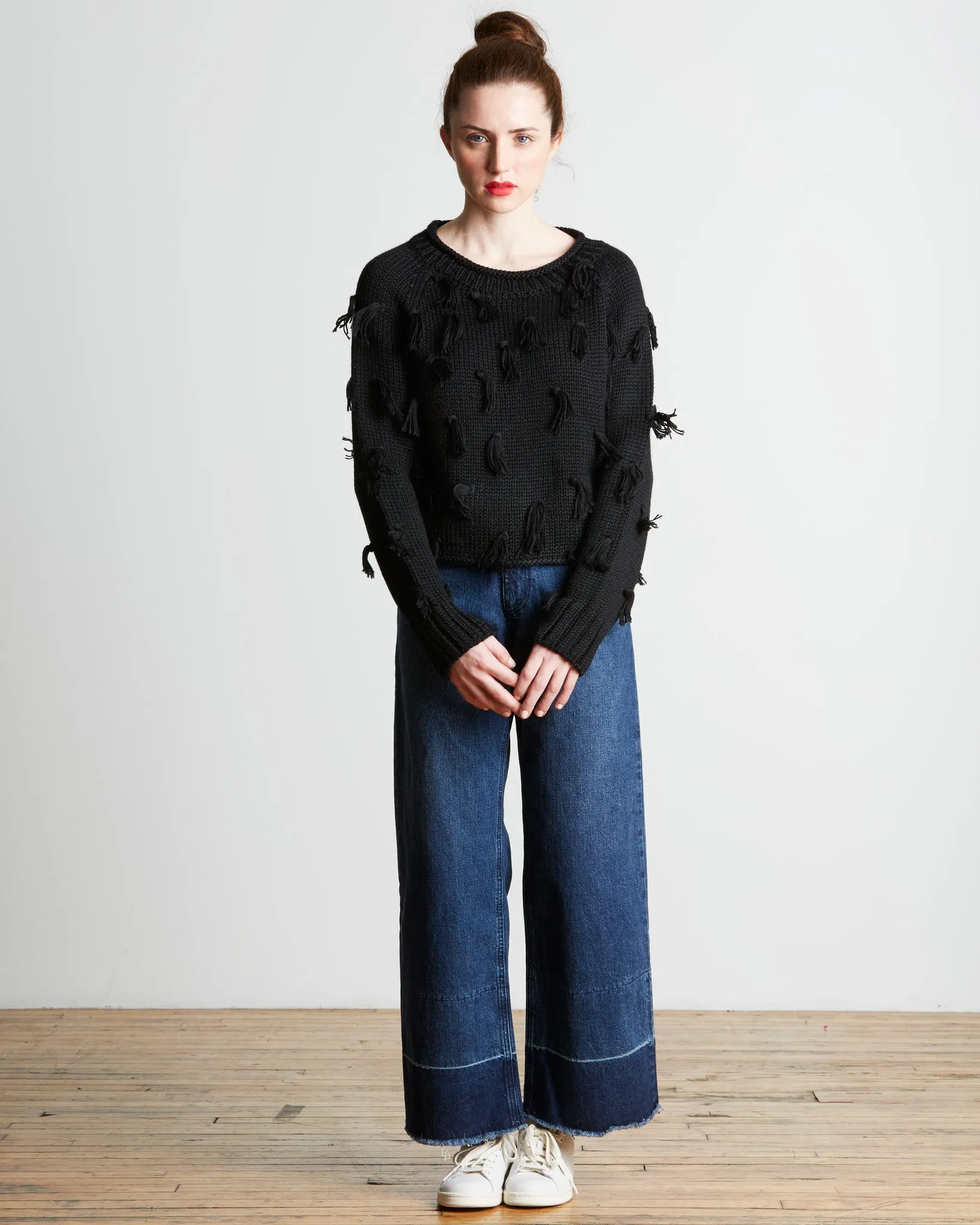 Apiece Apart | Luluc Fringe Crew Sweater in Black - FINAL SALE