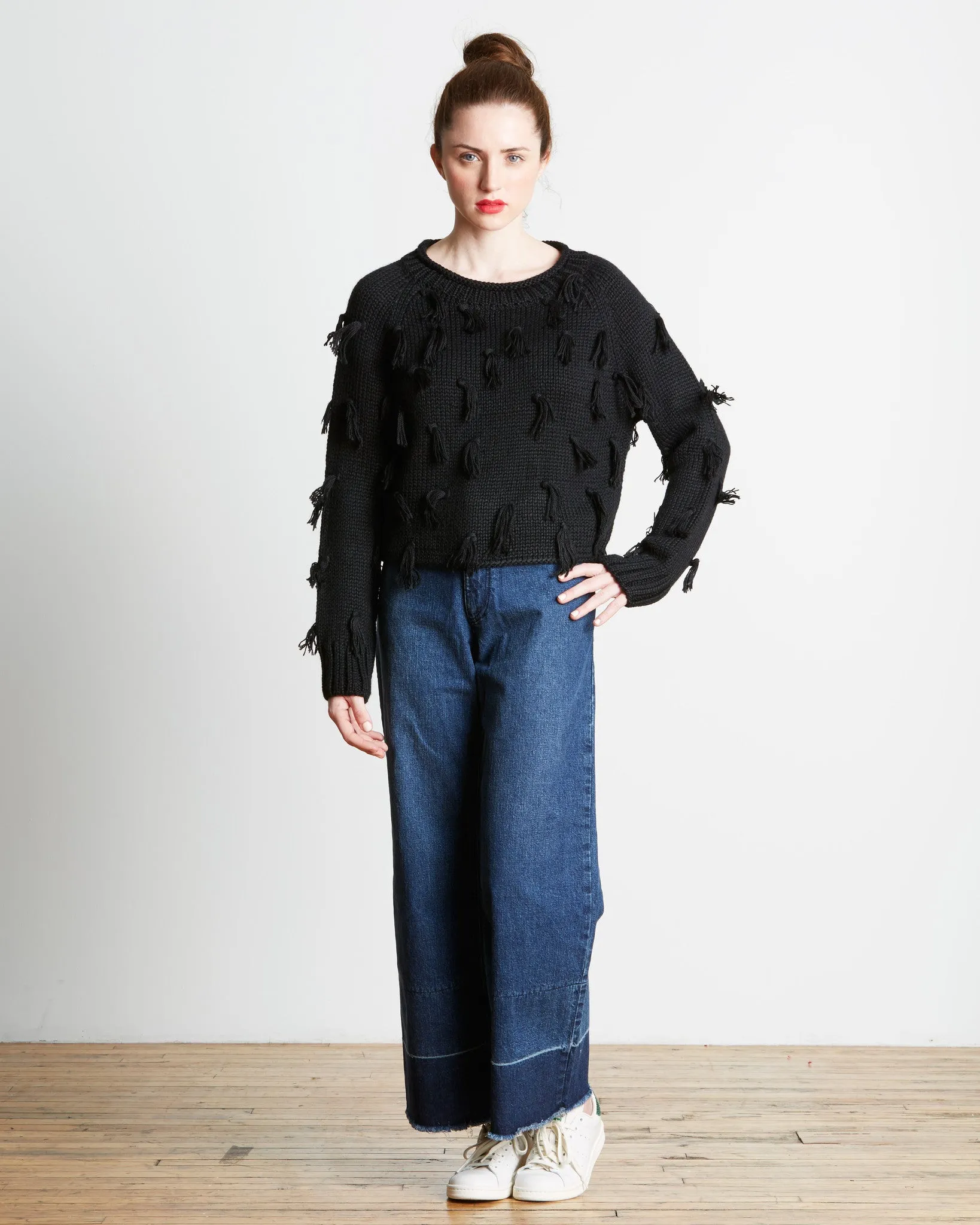 Apiece Apart | Luluc Fringe Crew Sweater in Black - FINAL SALE