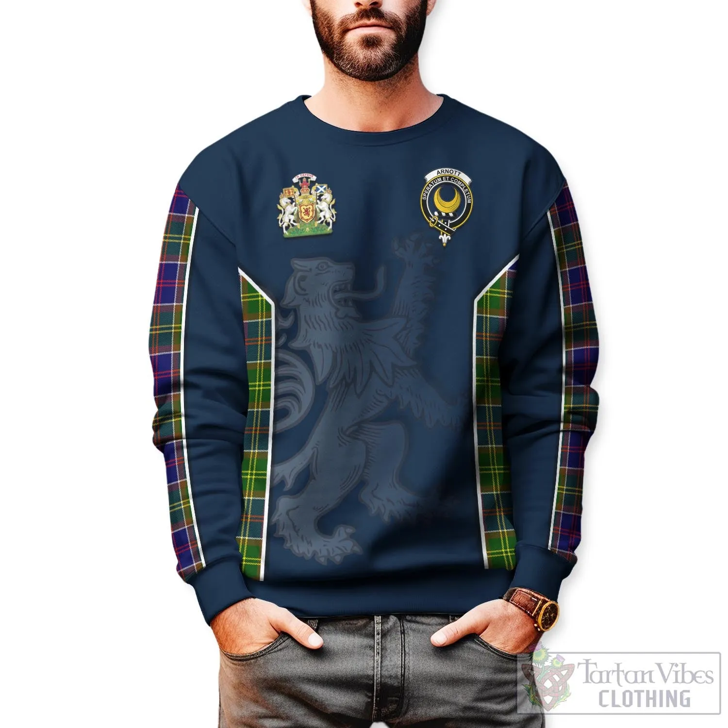 Arnott Tartan Sweater with Family Crest and Lion Rampant Vibes Sport Style