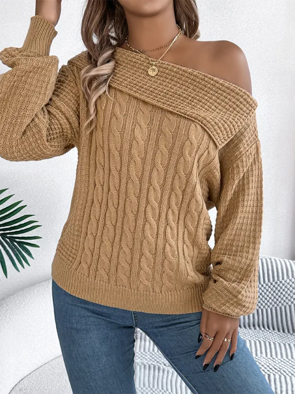 Asymmetric Lapel Off-shoulder Cable Knit Long Sleeve Sweaters