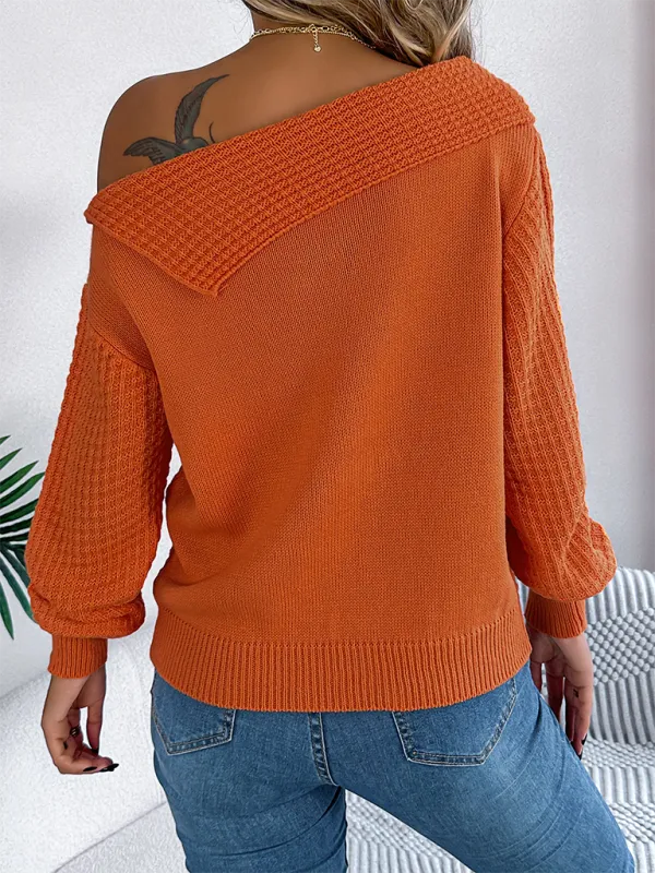 Asymmetric Lapel Off-shoulder Cable Knit Long Sleeve Sweaters