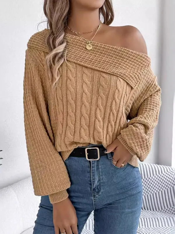 Asymmetric Lapel Off-shoulder Cable Knit Long Sleeve Sweaters