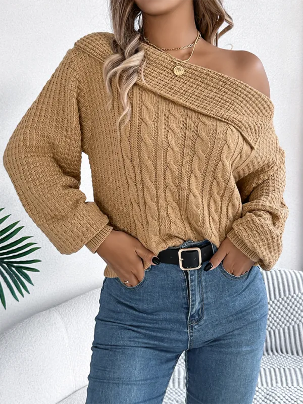 Asymmetric Lapel Off-shoulder Cable Knit Long Sleeve Sweaters