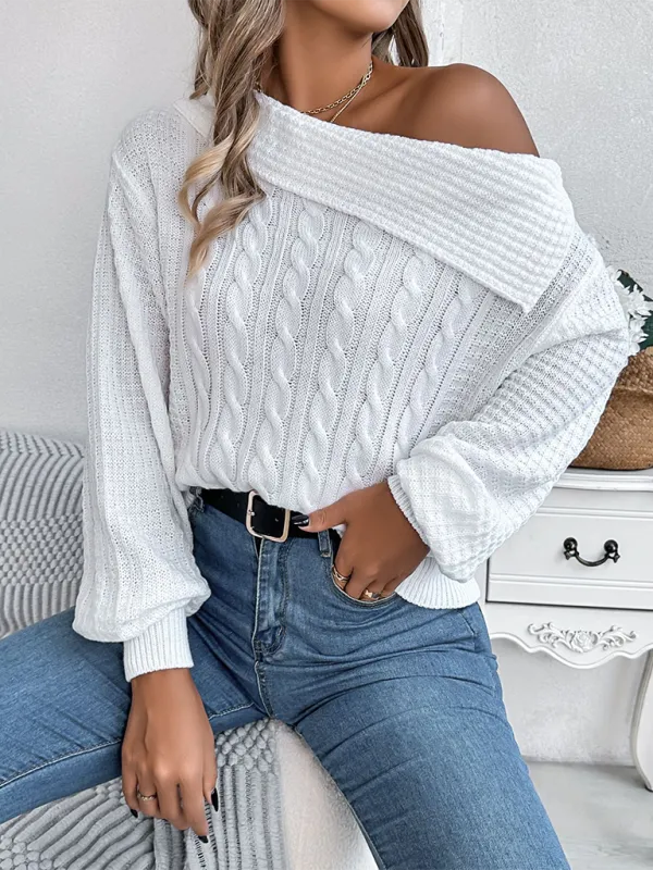 Asymmetric Lapel Off-shoulder Cable Knit Long Sleeve Sweaters