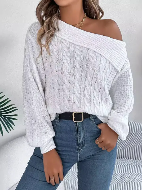 Asymmetric Lapel Off-shoulder Cable Knit Long Sleeve Sweaters