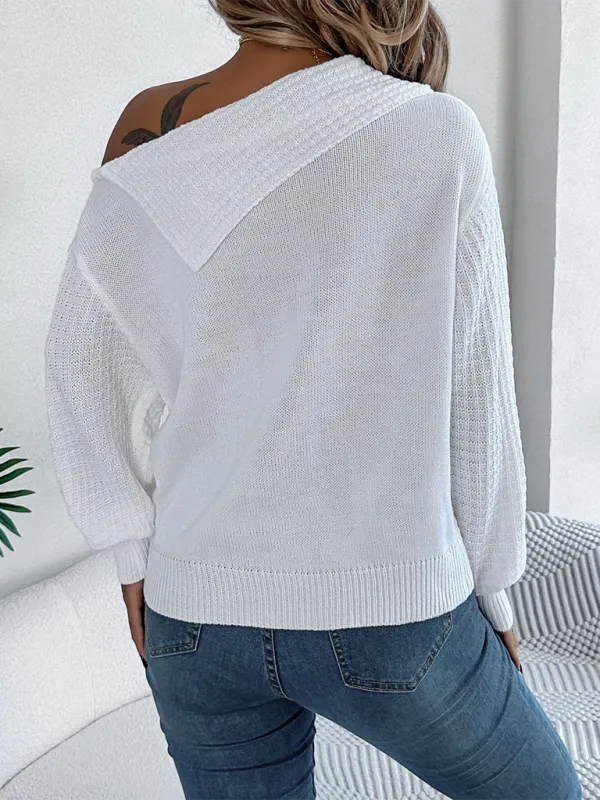 Asymmetric Lapel Off-shoulder Cable Knit Long Sleeve Sweaters