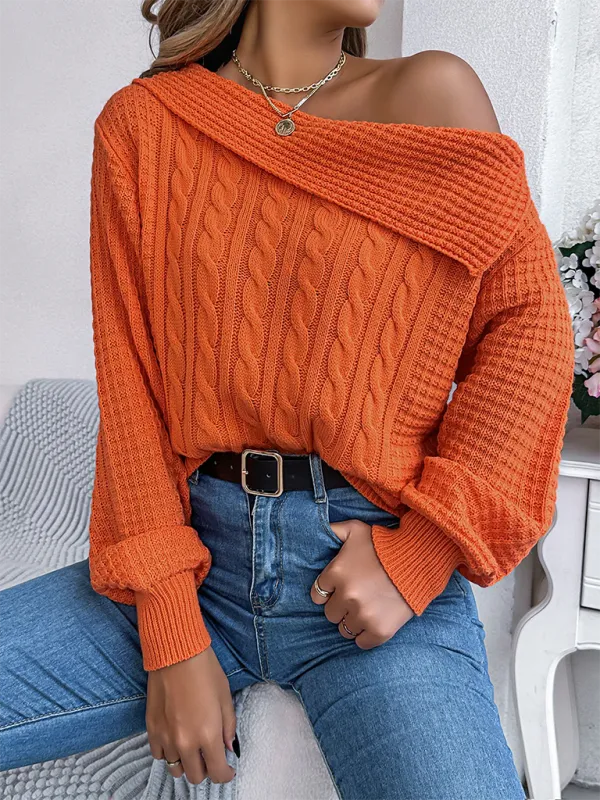 Asymmetric Lapel Off-shoulder Cable Knit Long Sleeve Sweaters