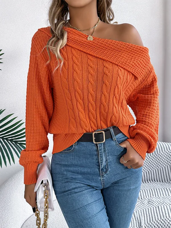 Asymmetric Lapel Off-shoulder Cable Knit Long Sleeve Sweaters