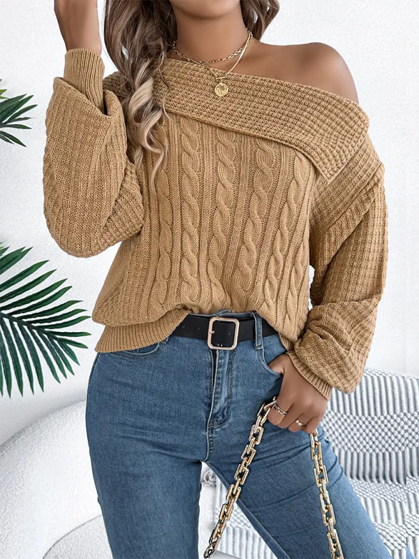 Asymmetric Lapel Off-shoulder Cable Knit Long Sleeve Sweaters