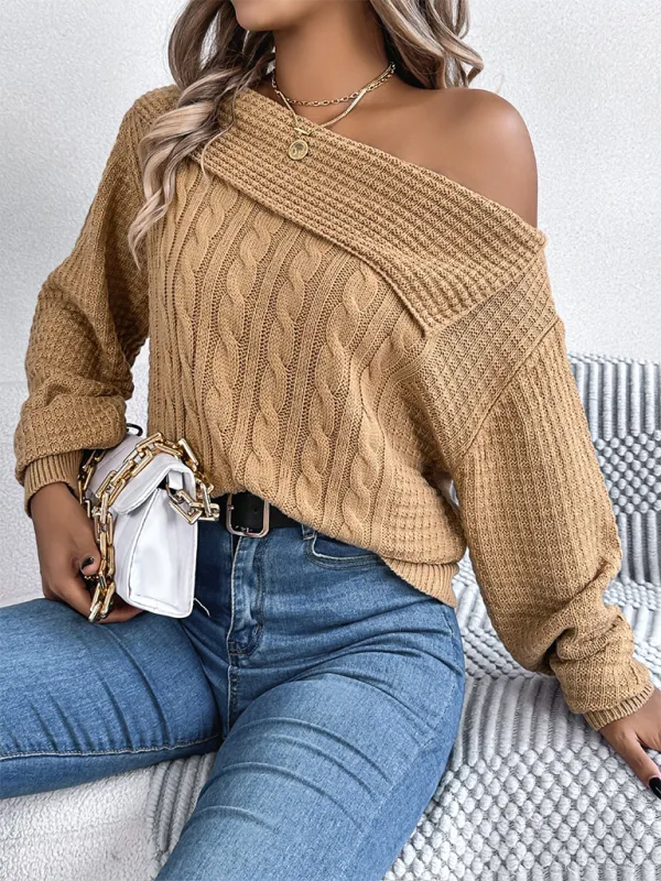 Asymmetric Lapel Off-shoulder Cable Knit Long Sleeve Sweaters