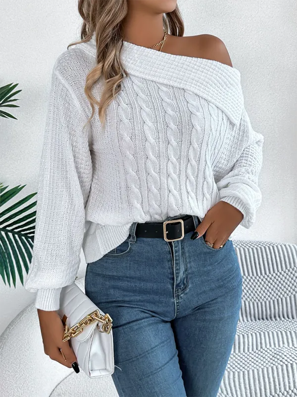 Asymmetric Lapel Off-shoulder Cable Knit Long Sleeve Sweaters