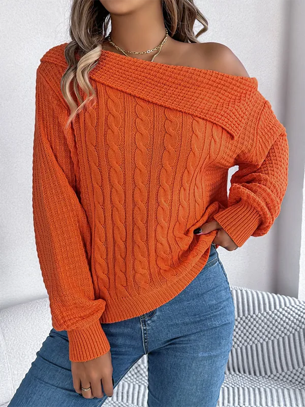 Asymmetric Lapel Off-shoulder Cable Knit Long Sleeve Sweaters