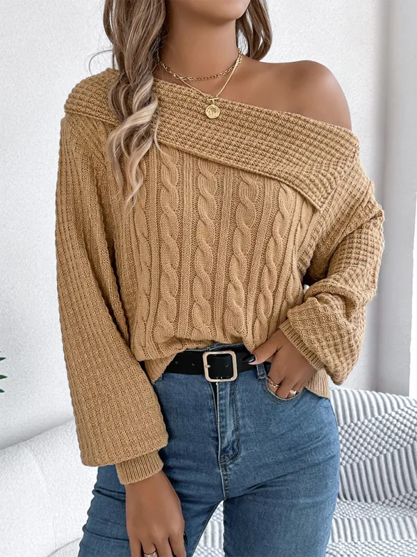 Asymmetric Lapel Off-shoulder Cable Knit Long Sleeve Sweaters