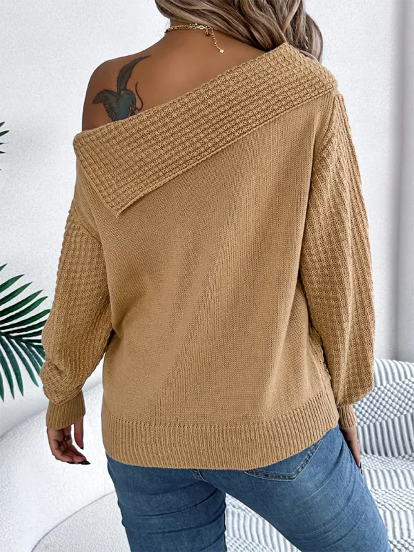 Asymmetric Lapel Off-shoulder Cable Knit Long Sleeve Sweaters