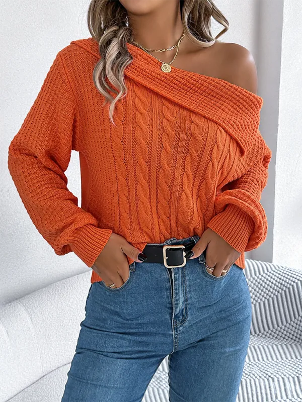 Asymmetric Lapel Off-shoulder Cable Knit Long Sleeve Sweaters