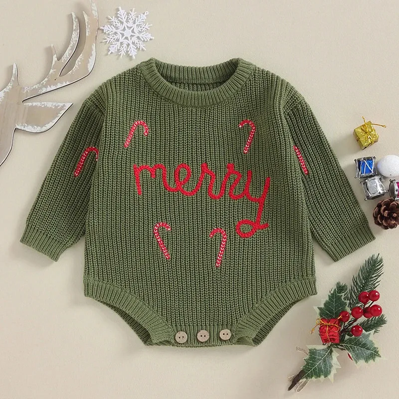 Baby Boys  Christmas Sweater Romper Onesie - MERRY Candy Cane