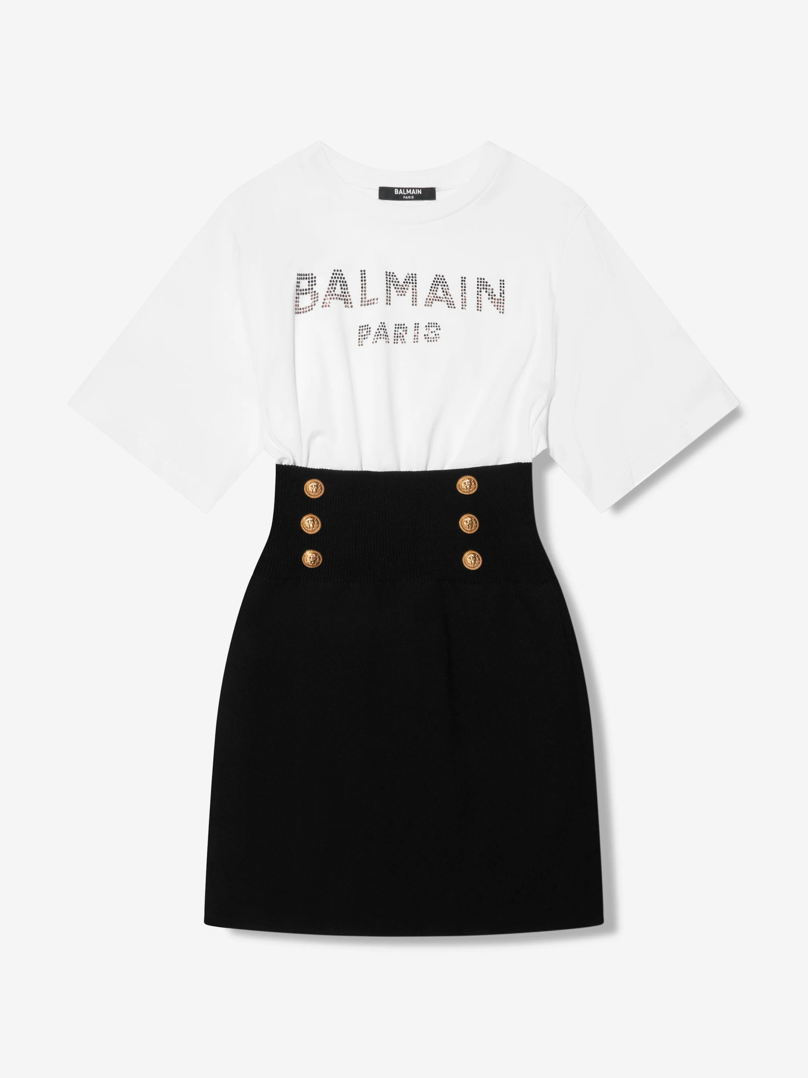 Balmain Girls Buttoned T-Shirt Dress in White