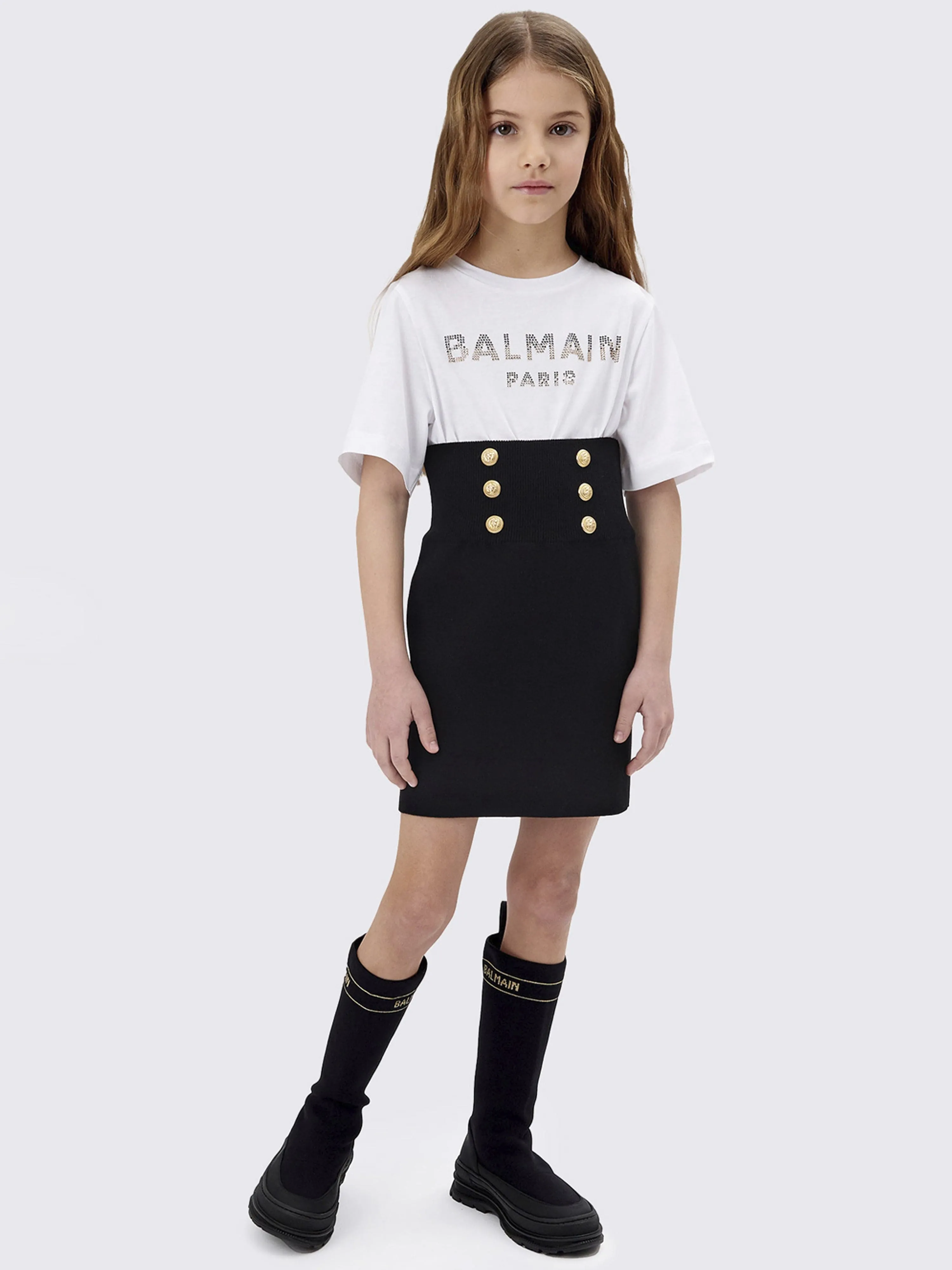 Balmain Girls Buttoned T-Shirt Dress in White